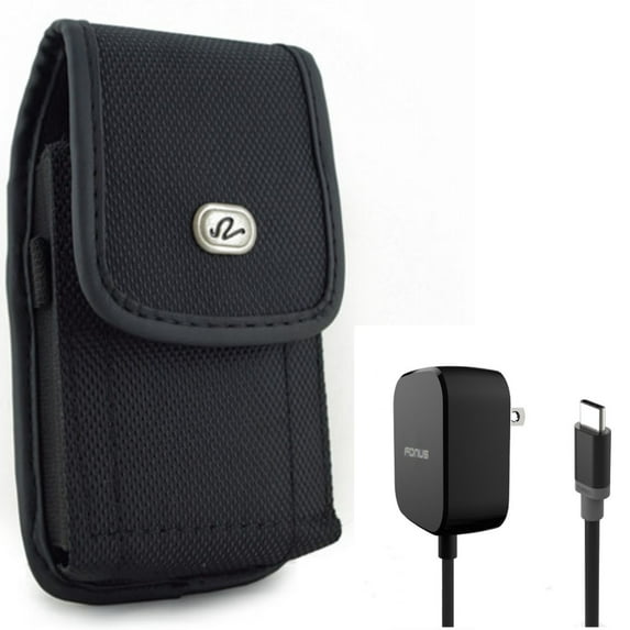 5ft Long 15W Fast Home Charger w Holster Rugged Case Belt Clip for LG Premier Pro Plus (L455DL), G8X ThinQ, Stylo 4 Plus, Harmony 4 - Motorola One Zoom, Moto Z4 Z3 Play Z2 Play Force
