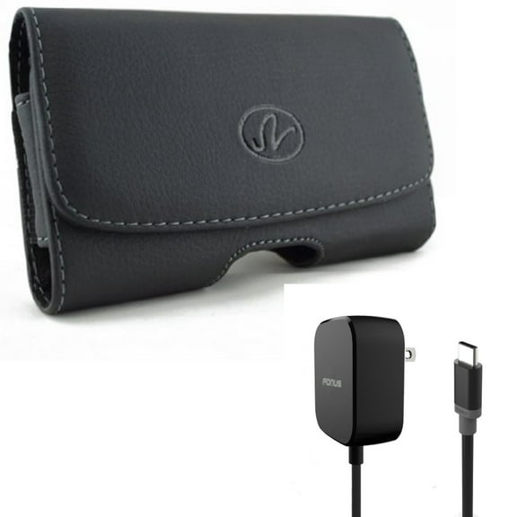5ft Long 15W Fast Home Charger w Swivel Leather Case Belt Clip for OnePlus 8T Plus, 8 5G UW - Razer Phone 2 - Samsung Galaxy XCover Pro S9 Plus S8 Plus S22 Plus S21 Plus S20 Plus S10 Plus