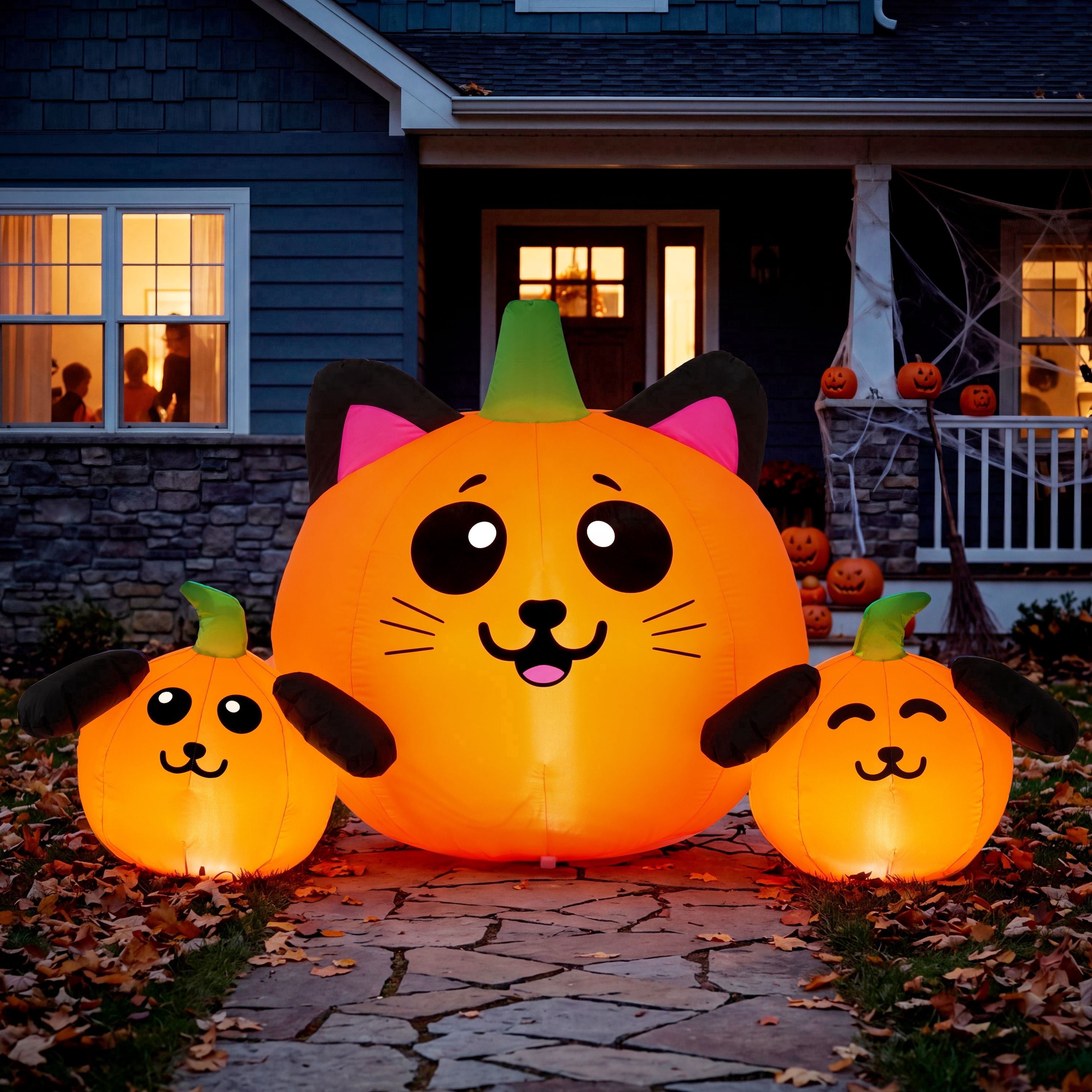 Joyfy 5 ft Long Halloween Inflatable Pumpkin Cat & Dog Head Combo,Blow ...