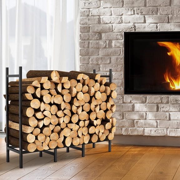 5ft Outdoor Indoor Firewood Rack Holder for Fireplace Wood Storage, Adjustable Stacker Stand, Black