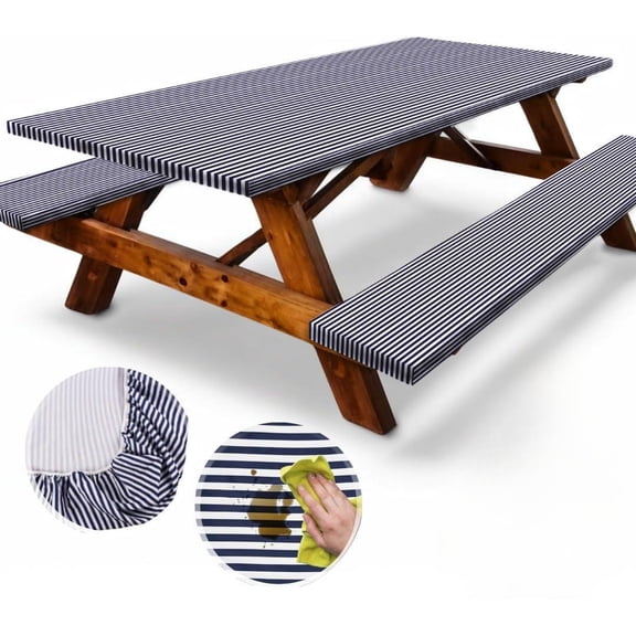 5ft Polyester Picnic Table Cover with Bench Covers Windproof & Waterproof Tablecloth, Perfect Camping Gifts RV Essentials, Cool Camping Gadgets, 60x30 Inch 3Pcs,Blue Striped