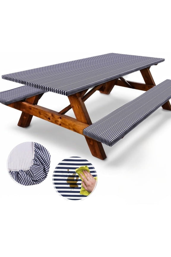 5ft Polyester Picnic Table Cover with Bench Covers Windproof & Waterproof Tablecloth, Perfect Camping Gifts RV Essentials, Cool Camping Gadgets, 60x30 Inch 3Pcs,Blue Striped
