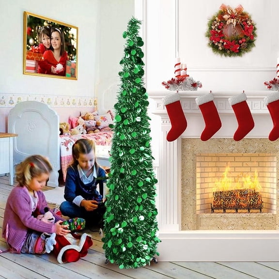 5ft Pop Up Christmas Tree with Stand, Green Tinsel Collapsible Artificial Christmas Tree for Holiday Christmas Home Decorations
