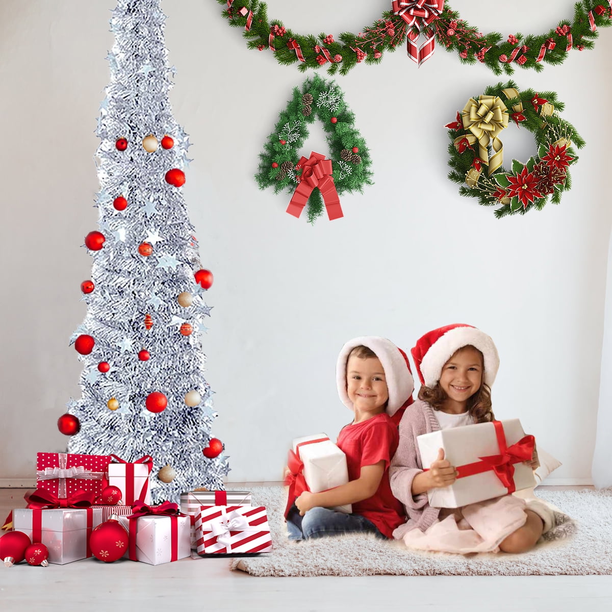 5ft PreLighted Christmas Tree Glitter Slim PopUp Tinsel Christmas