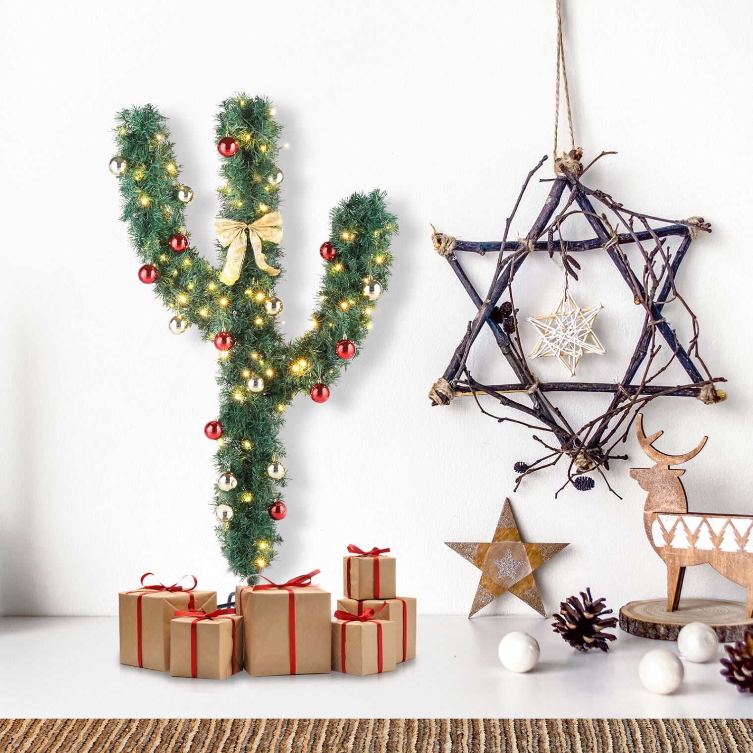 5ft PreLit Artificial Cactus Christmas Tree, Artificial Xmas Tree with