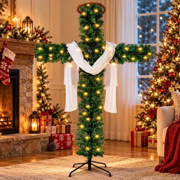 Led Platform Christmas Tree 5ft Prelit Christmas Cross Tree with Warm White LED Lights, Skinny ...