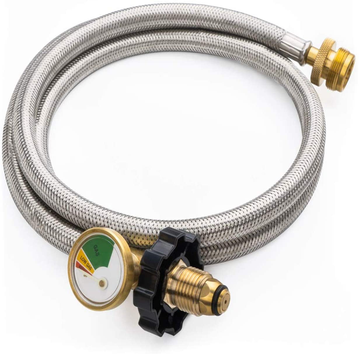 5ft Propane Adapter Hose with Gauge, Converts 1lb Appliances to 20lb Propane Tanks with POL for Coleman Stove, Propane Torch, Gas Grill, Camping Stove and More