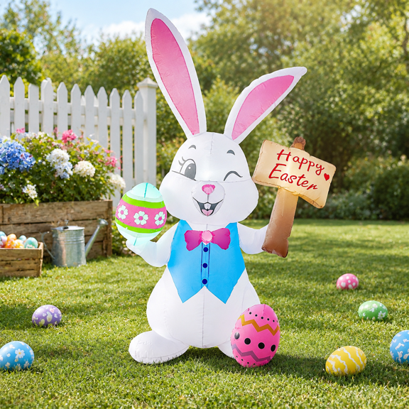 5ft Rabbit Raise the Sign Easter Inflatable Outdoor Decoration with Eggs and Chick