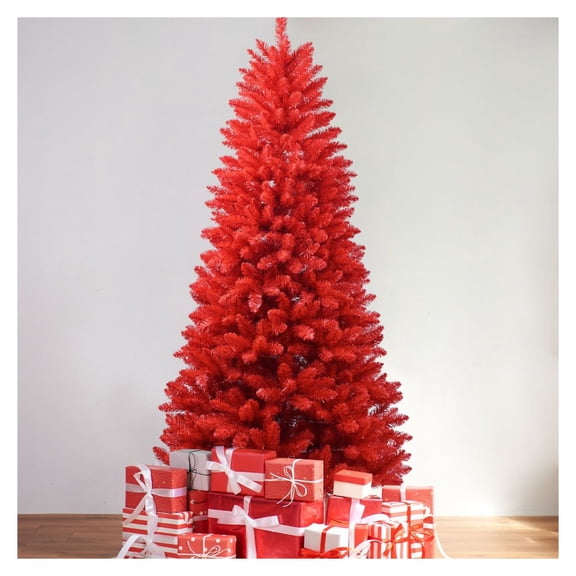 5ft Red Christmas Tree PVC Artificial Hinged - Fluffy Full Christmas Tree for Holiday Decor, Easy Assembly & Storage, Fire Resistant, Stable Metal Stand