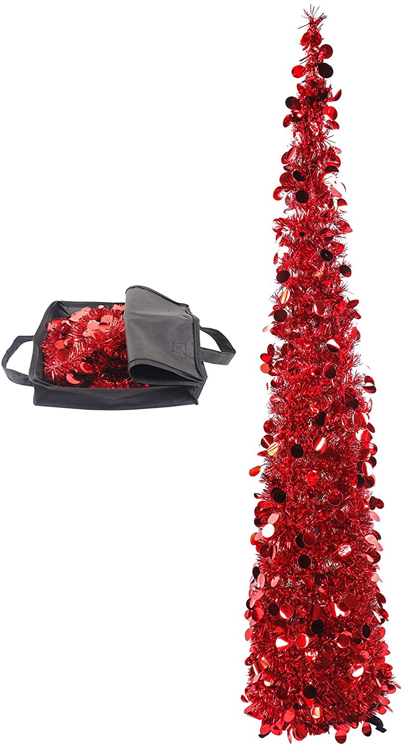 Collapsible Tree With Identation 5ft Red Tinsel Christmas Tree Collapsible Pop Up Christmas Tree with ...