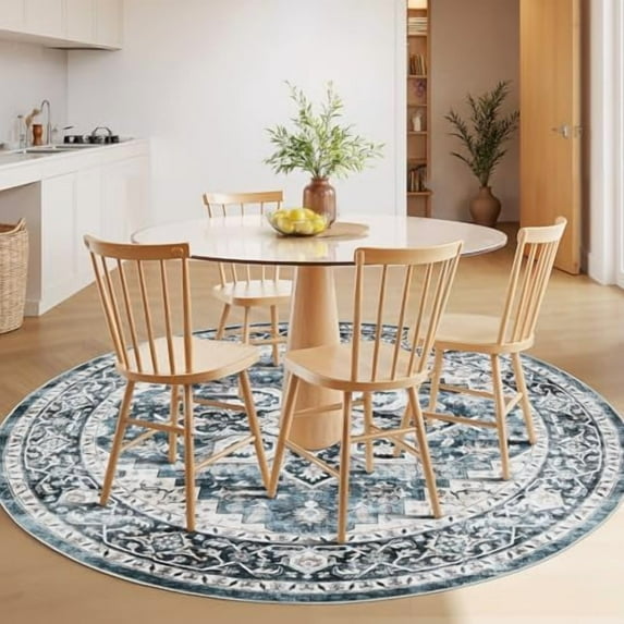 5ft Round Area Rug, Low-Profile Washable 5x5 Rugs with Non-Slip Backing & Durable Edge Binding, Vintage Rug for Kitchen, Bedroom & Hallway, Blue
