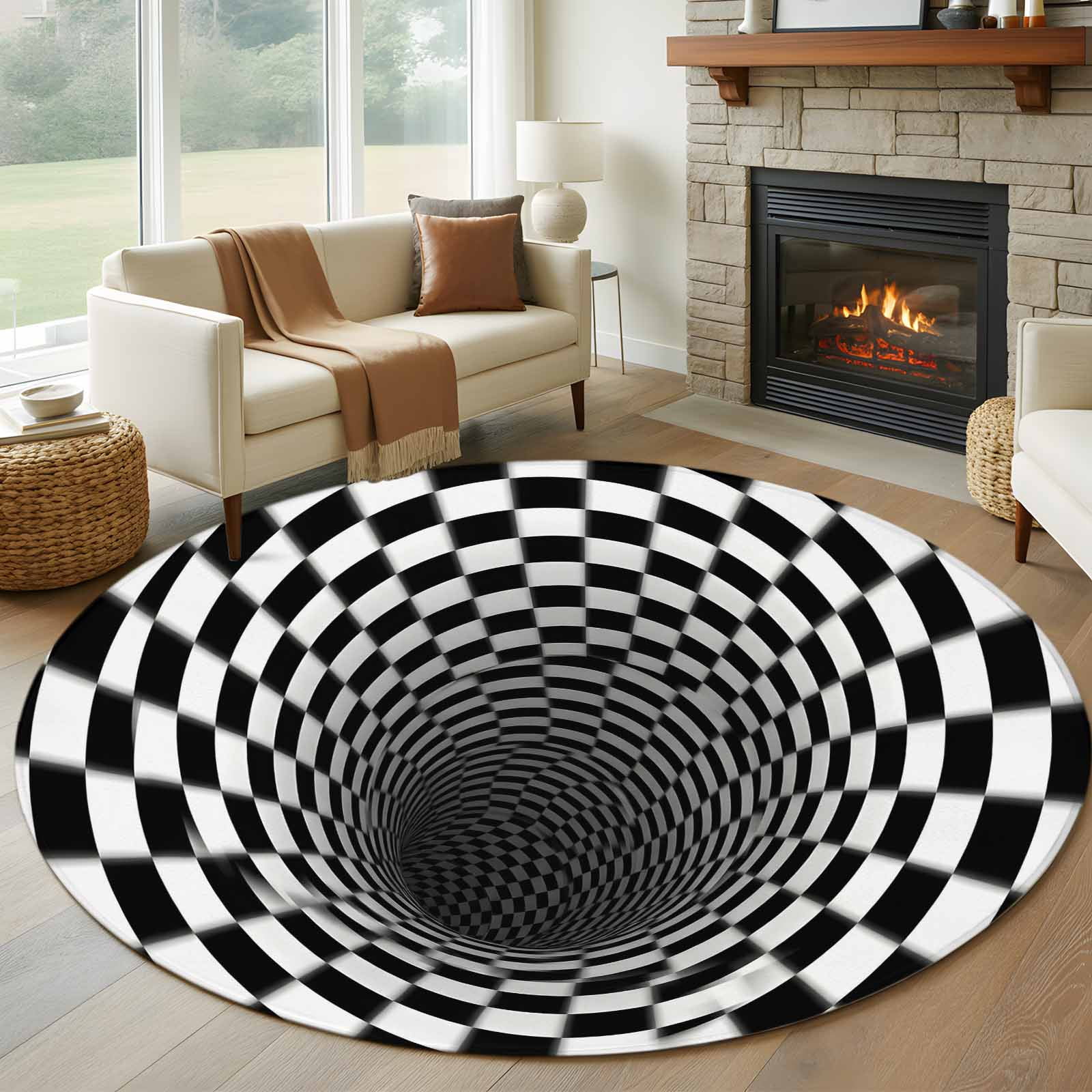 5ft Round Rug, 3D Optical Illusion Non-Skid Rubber Backing Large Area ...