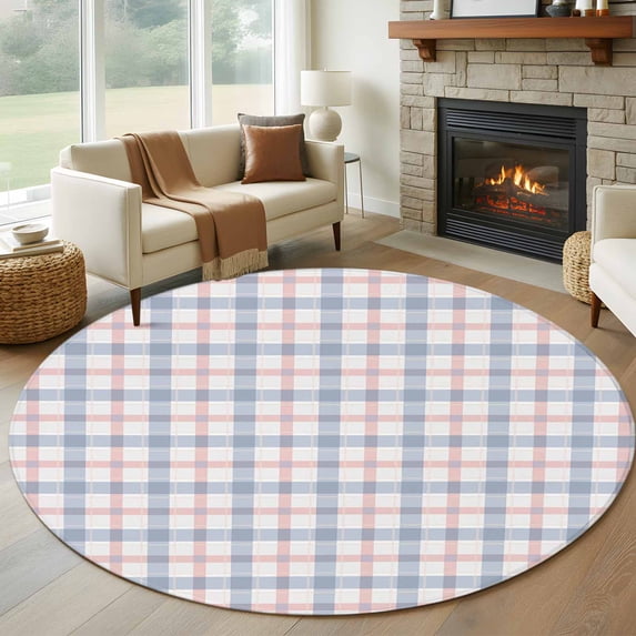 5ft Round Rug, Abstract Plaid, Non-Skid Rubber Backing Large Area Rugs - Living Room Bedroom Home Office, Minimalistic Multi Colors Country Rustic Plaid Indoor Floor Mat Carpets Washable Rug
