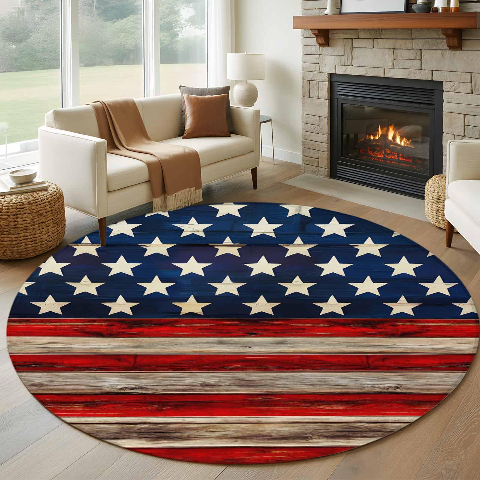5ft Round Rug, American Flag Non-Skid Rubber Backing Large Area Rugs ...