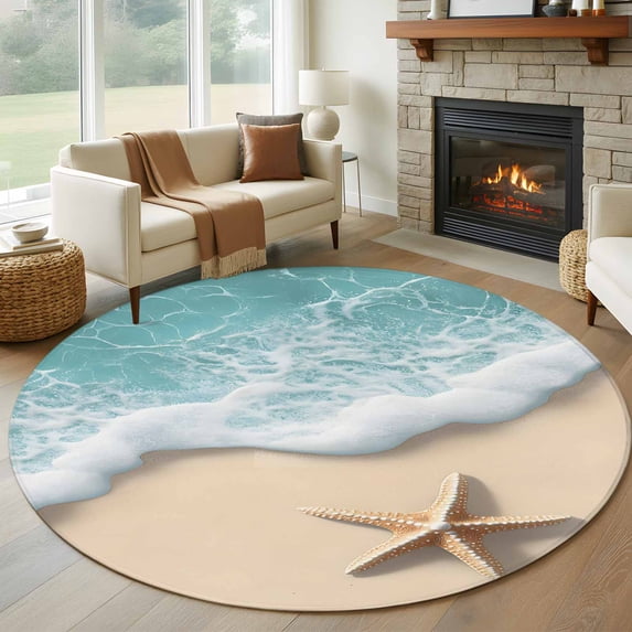 5ft Round Rug, Beach Coastal Non-Skid Rubber Backing Large Area Rugs - Living Room Bedroom Home Office, Summer Nautical Starfish Aqua Beige Indoor Floor Mat Carpets Washable Rug