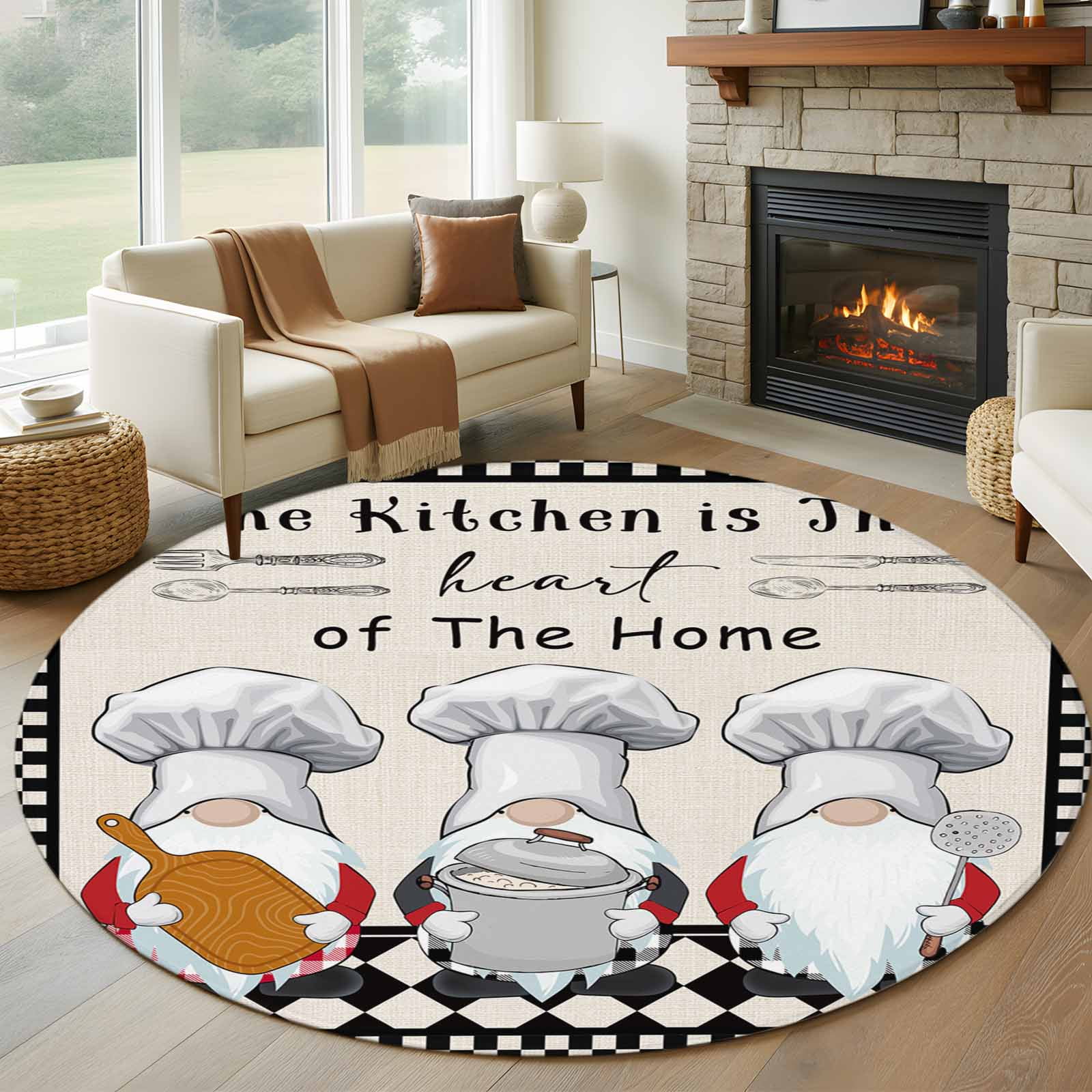 5ft Round Rug, Beige Chef Gourmet Non-Skid Rubber Backing Large Area ...