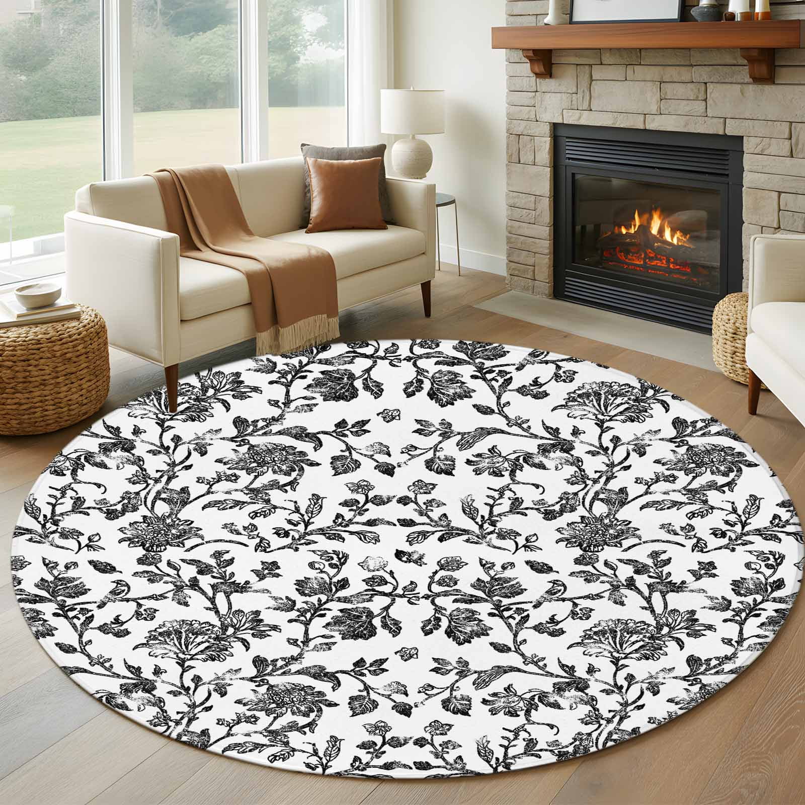 Round Rubber Rug 5ft Round Rug, Black Flower Non-Skid Rubber Backing Large Area Rugs ...