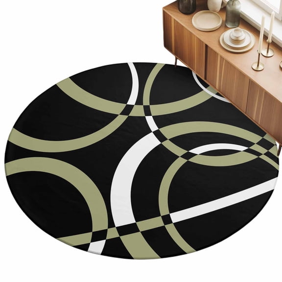 5ft Round Rug Black Geometric Area Rugs for Living Room Bedroom Washable Non Slip Circle Rug Low Pile Modern Sage Green White Striped Art Indoor Floor Carpet for Kitchen Entryway Office Dining Room