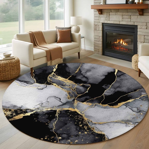 5ft Round Rug, Black Grey Marble Non-Skid Rubber Backing Large Area Rugs - Living Room Bedroom Home Office, Modern Gradient Abstract Aesthetic Indoor Floor Mat Carpets Washable Rug