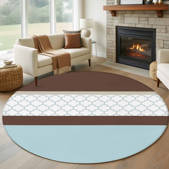 5ft Round Rug, Blue Brown Morocco Non-Skid Rubber Backing Large Area Rugs - Living Room Bedroom Home Office, Geometric Stripes Aqua Stitching Indoor Floor Mat Carpets Washable Rug