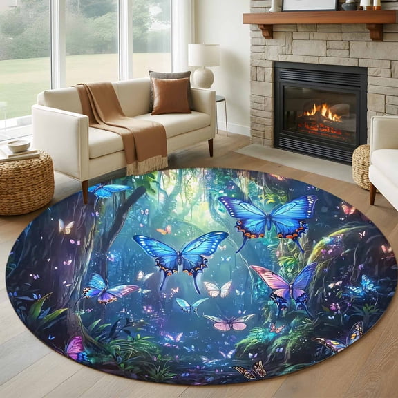 5ft Round Rug, Blue Butterfly Non-Skid Rubber Backing Large Area Rugs - Living Room Bedroom Home Office, Modern Art Forest Butterflies Indoor Floor Mat Carpets Washable Rug