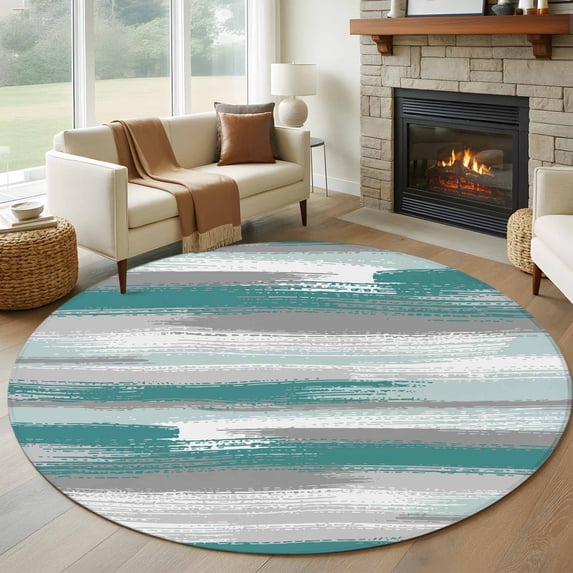 5ft Round Rug, Blue Gray Stripes Non-Skid Rubber Backing Large Area Rugs - Living Room Bedroom Home Office, Watercolor Modern Abstract Minimalist Indoor Floor Mat Carpets Washable Rug