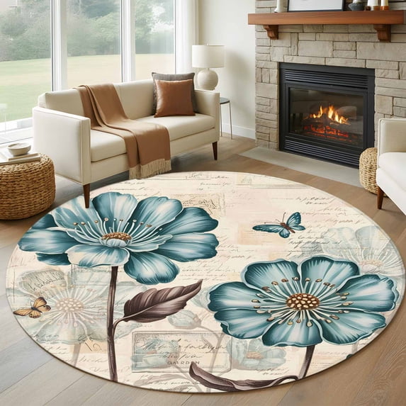 5ft Round Rug, Blue Tulip Non-Skid Rubber Backing Large Area Rugs - Living Room Bedroom Home Office, Vintage Flowers Leaves Butterfly Botanical Indoor Floor Mat Carpets Washable Rug