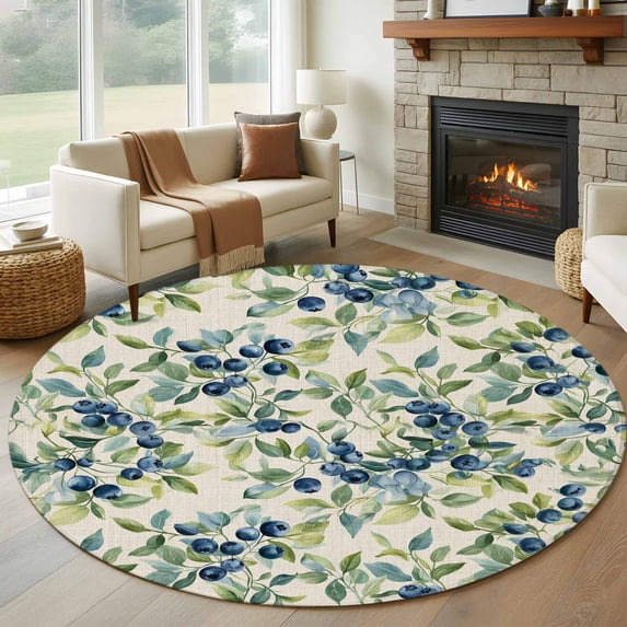 5ft Round Rug, Blueberrys Leaves Non-Skid Rubber Backing Large Area ...
