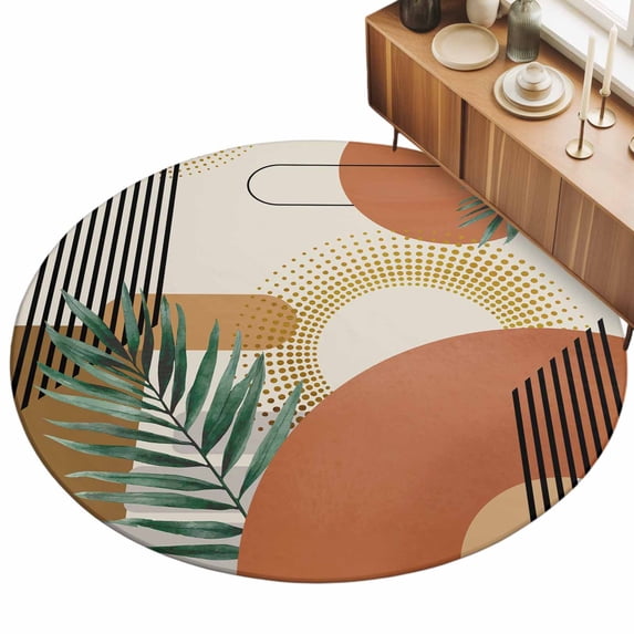 5ft Round Rug Boho Geometric Area Rugs for Living Room Bedroom Washable Non Slip Circle Rug Farmhouse Orange Abstract Leaves Stripes Indoor Floor Carpet for Kitchen Entryway Office Dining Room