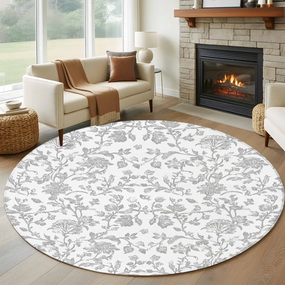 5ft Round Rug, Boho Gray Flower Non-Skid Rubber Backing Large Area Rugs - Living Room Bedroom Home Office, Vintage Farmhouse Leaf Spring Plant Indoor Floor Mat Carpets Washable Rug