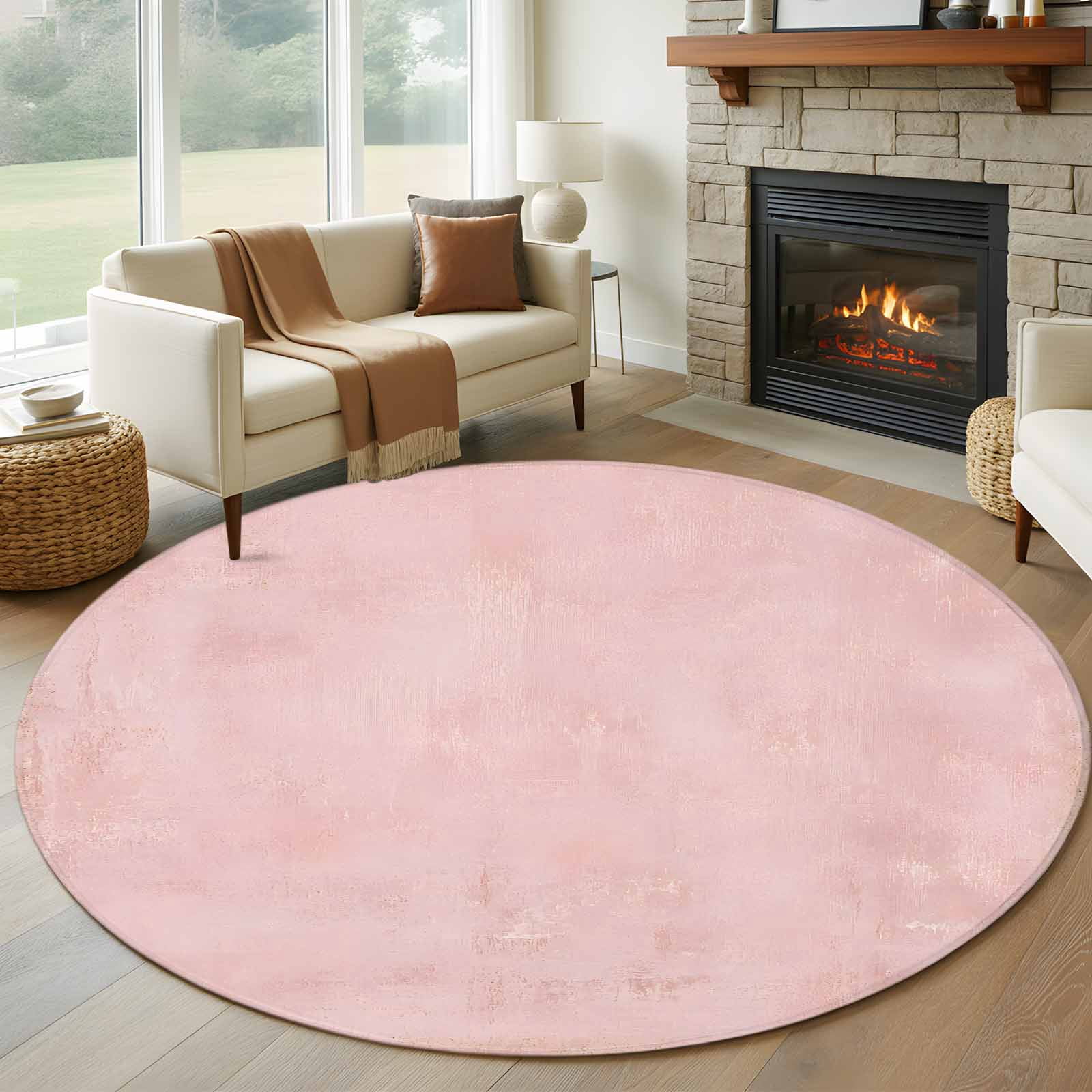 M Modern Rustic Rug 5ft Round Rug, Boho Pink Non-Skid Rubber Backing Large Area Rugs ...