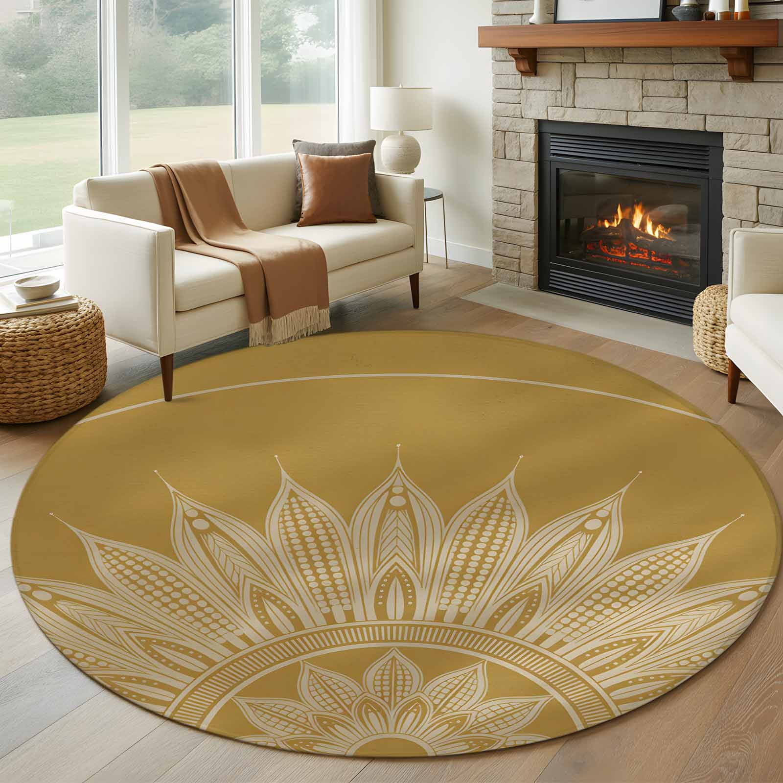 5ft Round Rug, Brown Boho Non-Skid Rubber Backing Large Area Rugs ...