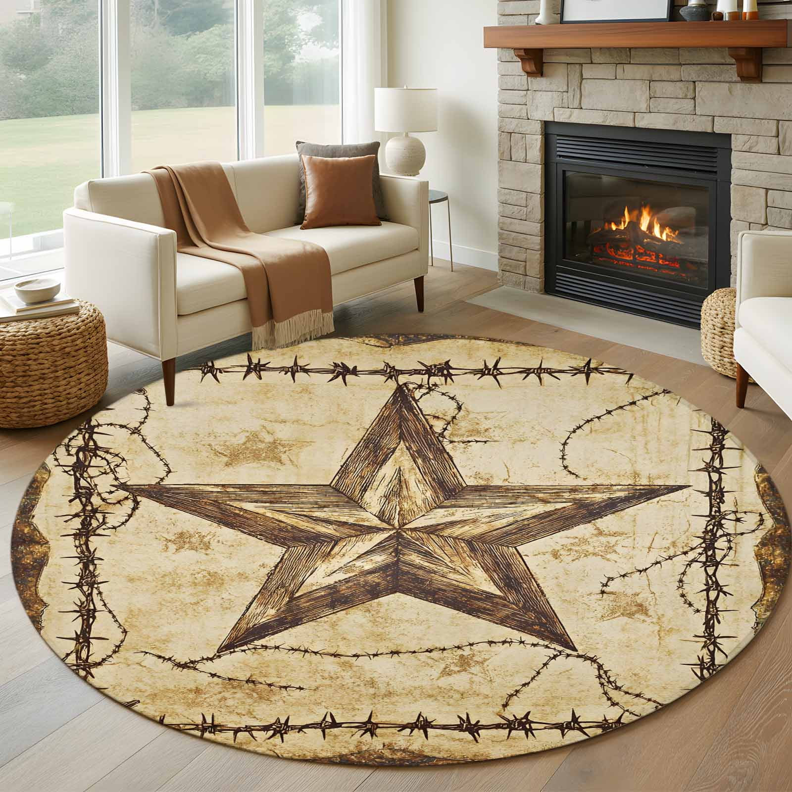 5ft Round Rug, Brown Texas Star Country Non-Skid Rubber Backing Large ...