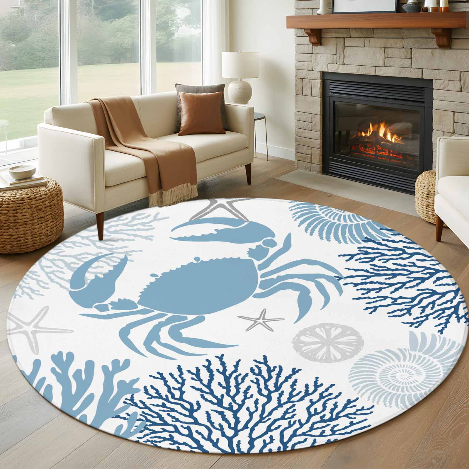 5ft Round Rug, Coastal Blue Crab Non-Skid Rubber Backing Large Area ...