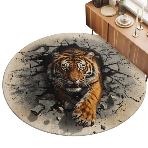 5ft Round Rug Cracked Wall Tiger Area Rugs for Living Room Bedroom Washable Non Slip Circle Rug Low Pile Vintage Beige Modern Animal Indoor Floor Carpet for Kitchen Entryway Office Dining Room Home