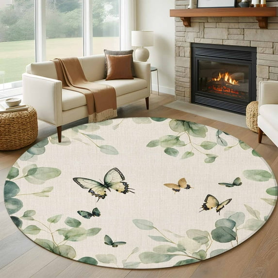5ft Round Rug, Eucalyptus Leaves Non-Skid Rubber Backing Large Area Rugs - Living Room Bedroom Home Office, Spring Summer Botanical Sage Green Rustic Indoor Floor Mat Carpets Washable Rug
