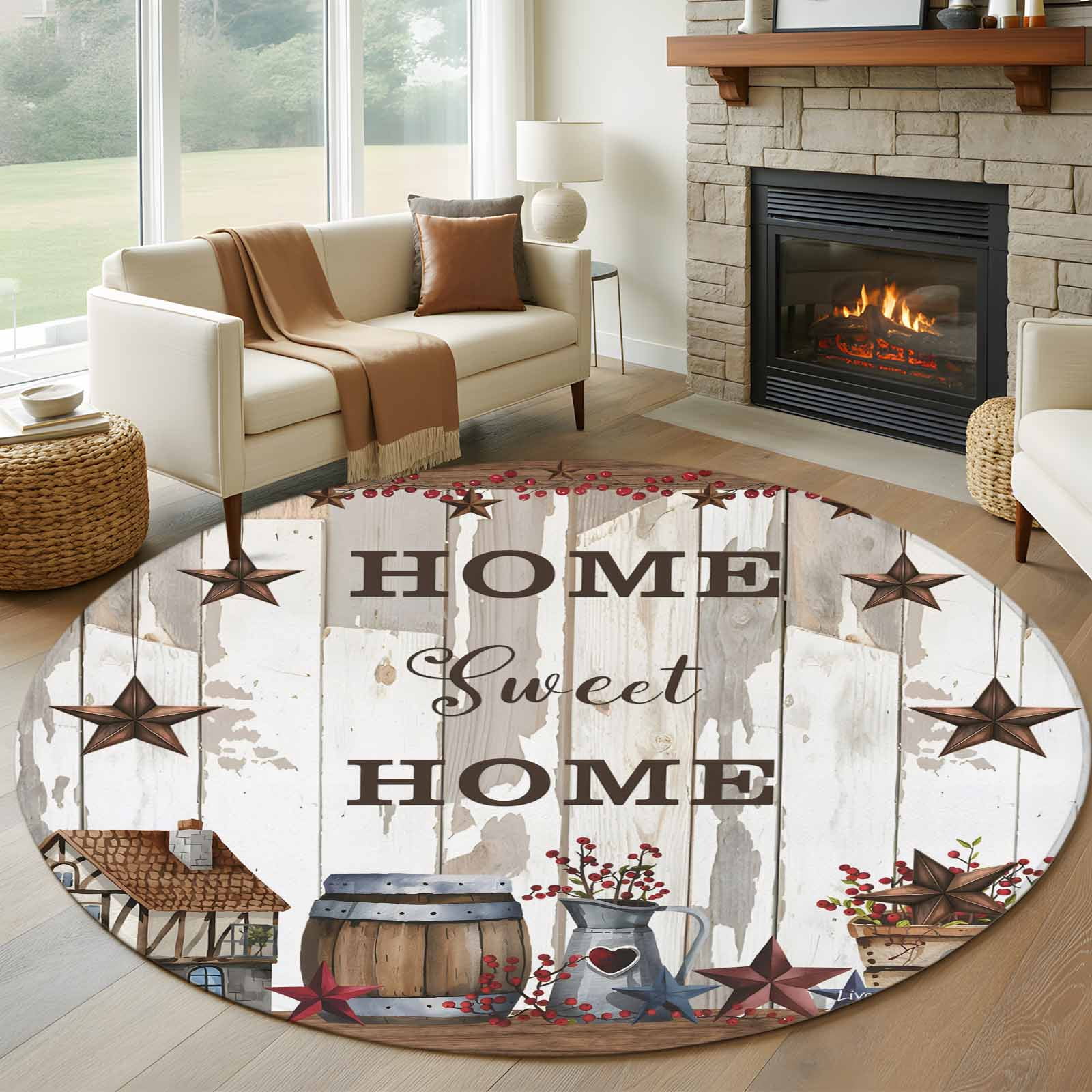 5ft Round Rug, Farmhouse Non-Skid Rubber Backing Large Area Rugs ...