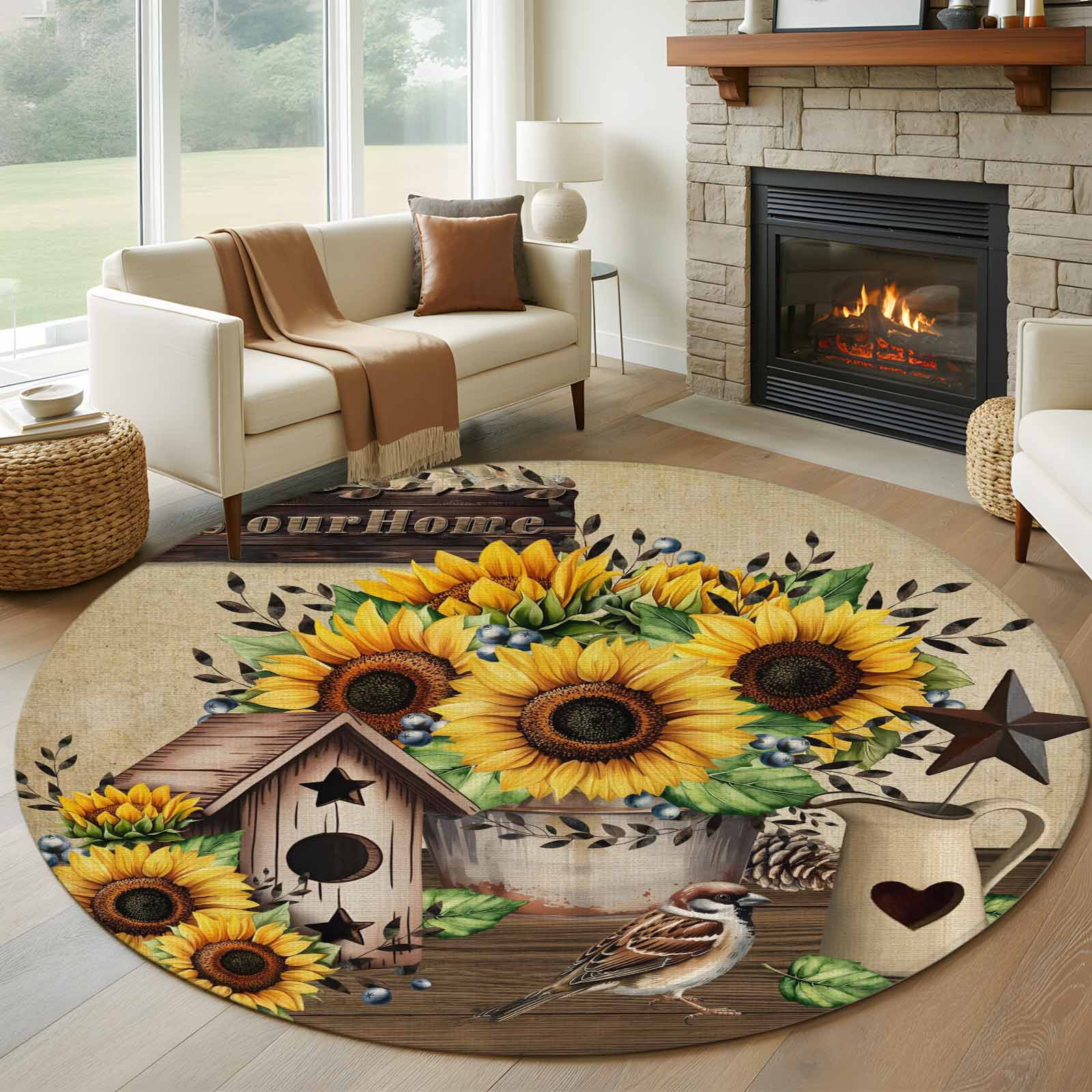 5ft Round Rug, Farmhouse Sunflowers Non-Skid Rubber Backing Large Area ...