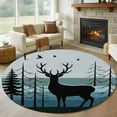 thumbnail image 1 of 5ft Round Rug, Forest Elk Non-Skid Rubber Backing Large Area Rugs - Living Room Bedroom Home Office, Retro Blue Ombre Stripes Tree Birds Animal Indoor Floor Mat Carpets Washable Rug, 1 of 9