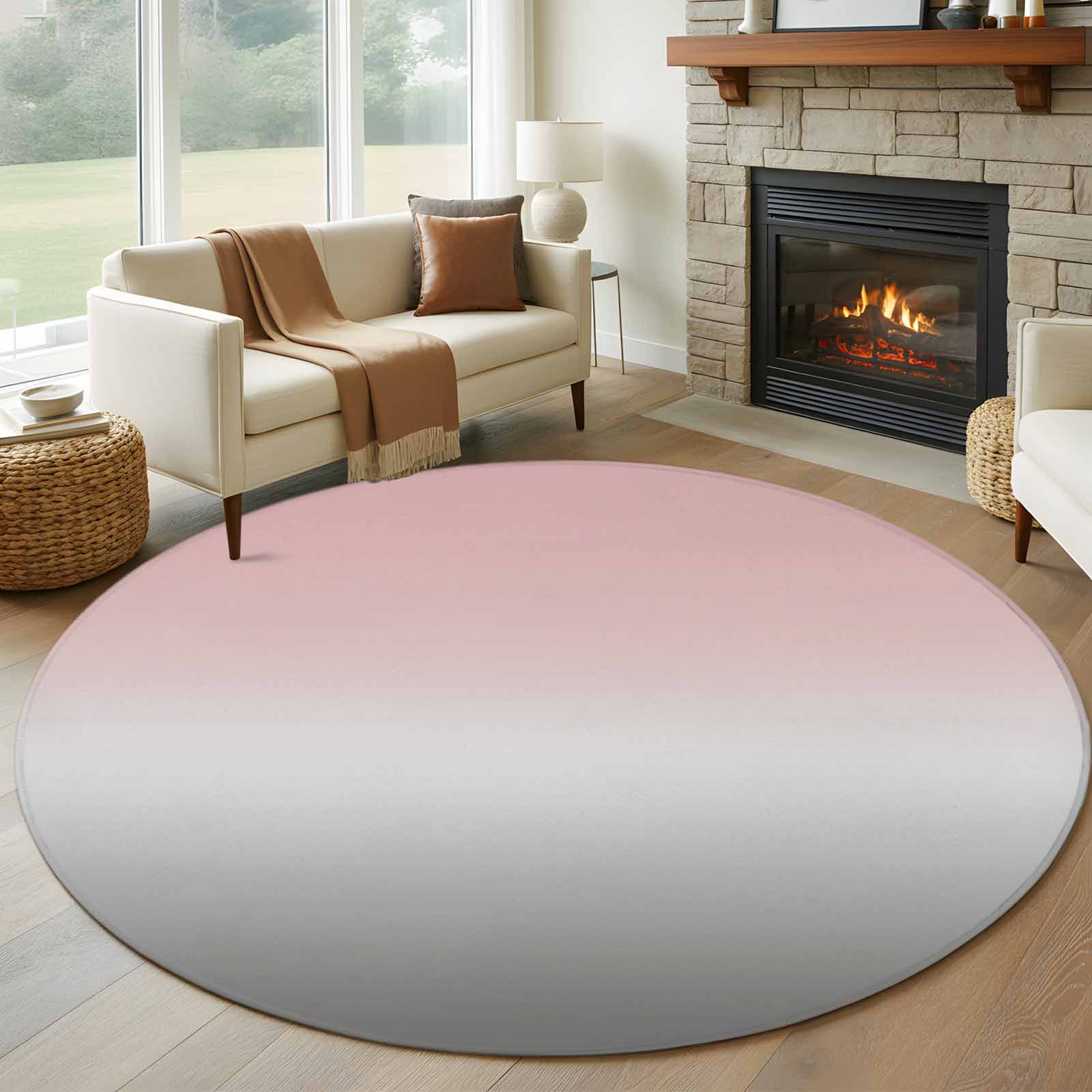 5ft Round Rug, Gradient Pink Grey, Non-Skid Rubber Backing Large Area ...