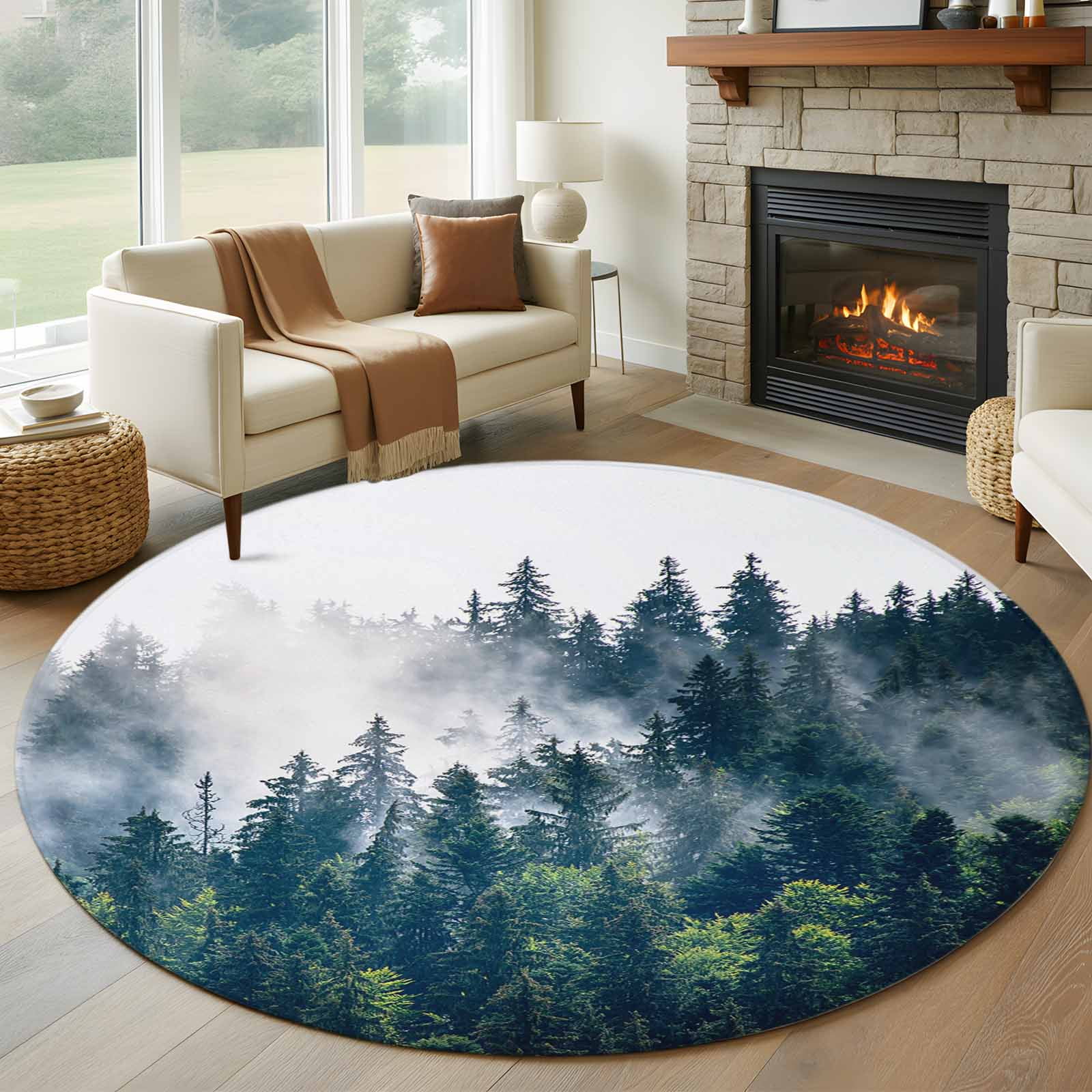 5ft Round Rug, Green Forest Non-Skid Rubber Backing Large Area Rugs ...