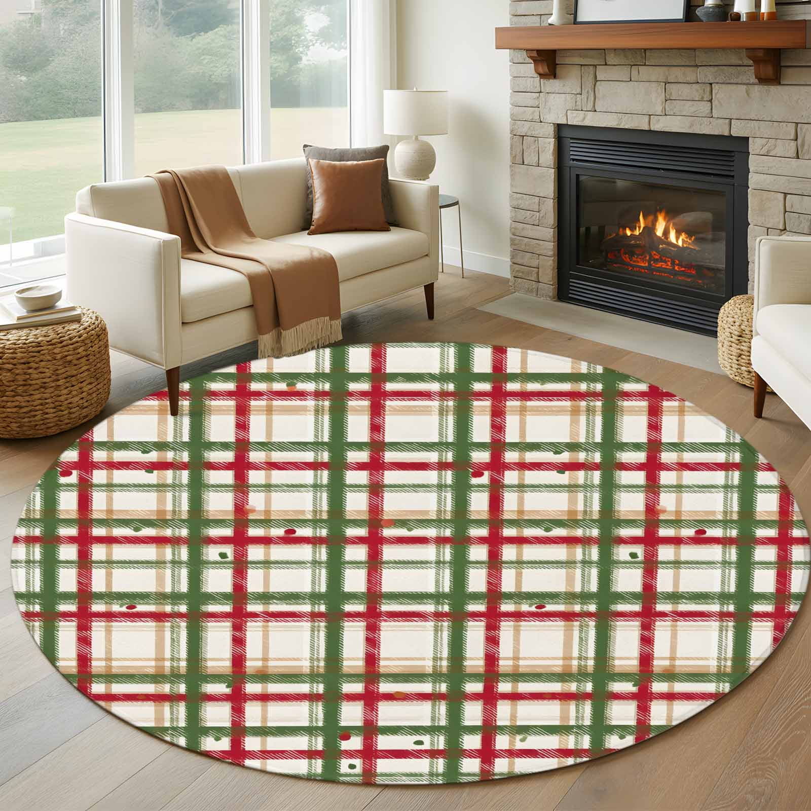 5ft Round Rug, Green Red Checkered Non-Skid Rubber Backing Large Area ...