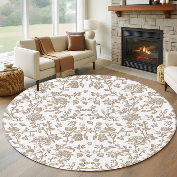 5ft Round Rug, Khaki Flower Non-Skid Rubber Backing Large Area Rugs - Living Room Bedroom Home Office, Vintage Farmhouse Boho Leaf Spring Plant Indoor Floor Mat Carpets Washable Rug