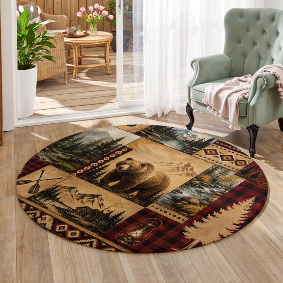 5ft Round Rug for Living Room Grizzly Bear Washable Non-Slip Rug Country Pine Tree Southwestern Mountain Forest Green Circle Carpet for Bedroom Dining Room Home Office