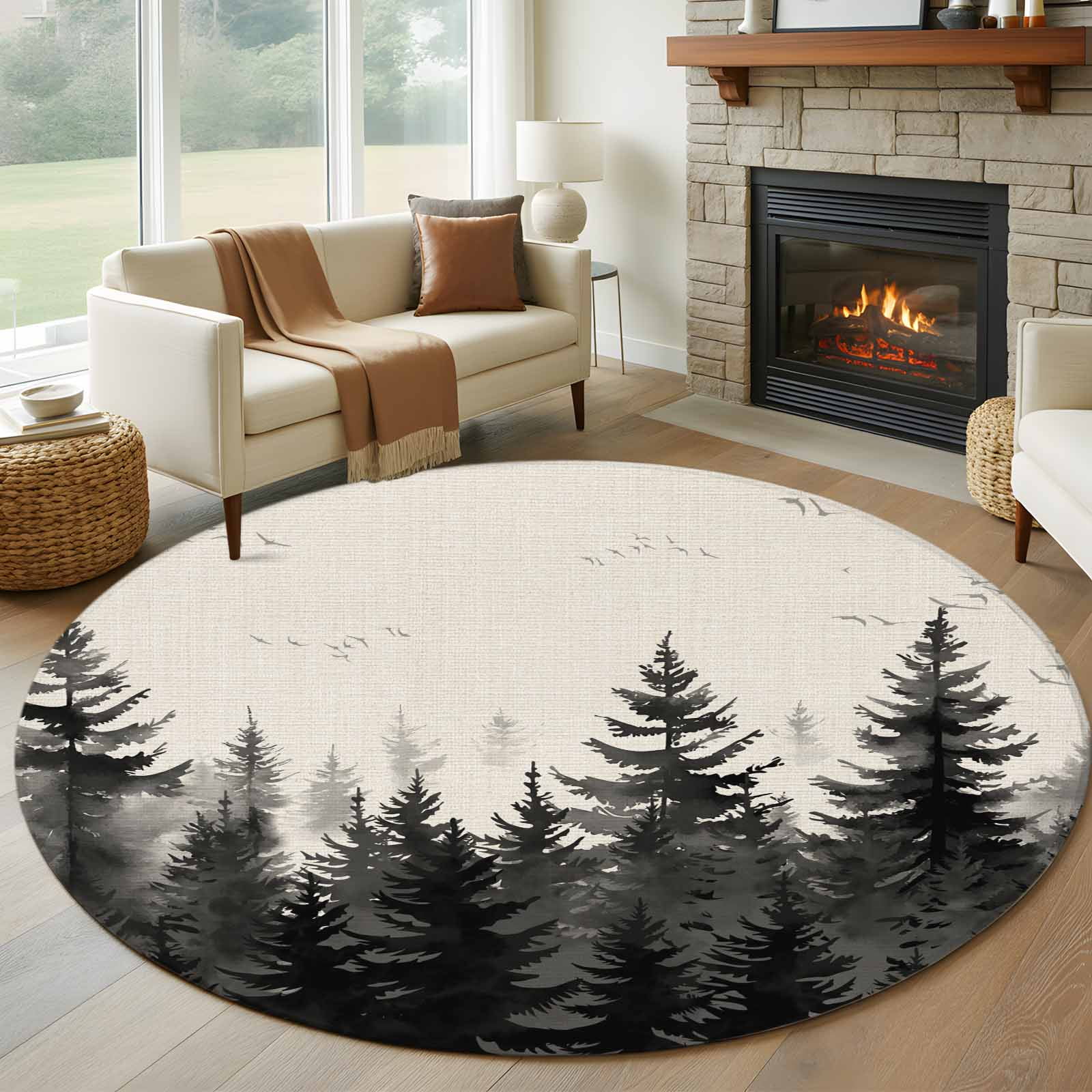 5ft Round Rug, Mist Forest Non-Skid Rubber Backing Large Area Rugs ...