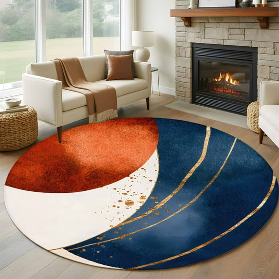 5ft Round Rug, Navy Blue Burnt Orange Non-Skid Rubber Backing Large Area Rugs - Living Room Bedroom Home Office, Modern Boho Art Geometric Indoor Floor Mat Carpets Washable Rug