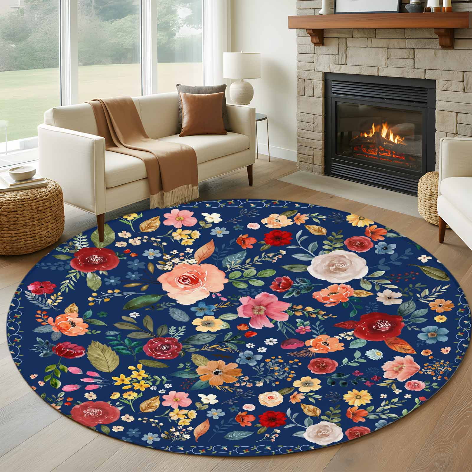5ft Round Rug, Navy Blue Flowers Non-Skid Rubber Backing Large Area ...