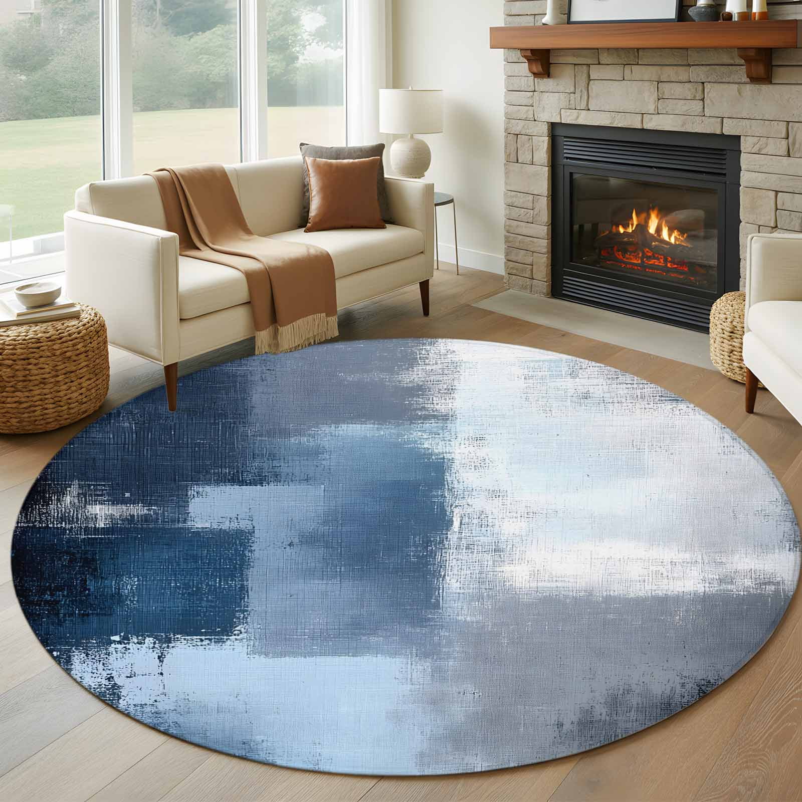 5ft Round Rug, Navy Blue Grey Non-Skid Rubber Backing Large Area Rugs ...