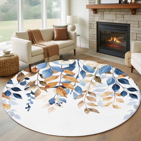 Round Autumn Rug 5ft Round Rug, Orange Blue Botanical Non-Skid Rubber Backing Large Area ...