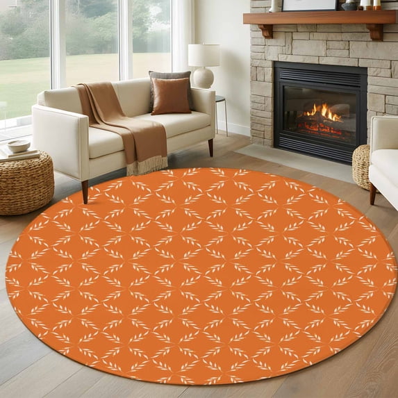 5ft Round Rug, Orange Morocco Non-Skid Rubber Backing Large Area Rugs - Living Room Bedroom Home Office, Geometric Leaf Diamond Lattice Abstract Indoor Floor Mat Carpets Washable Rug